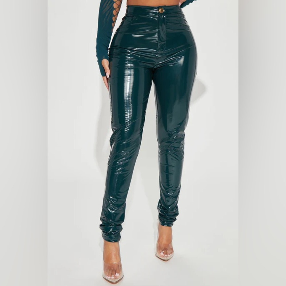 Fashion Nova Shiny Dark Green Skinny Pants